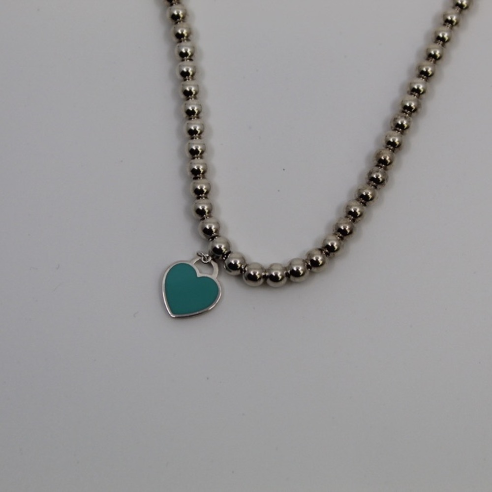 Tiffany Blue Heart Tag Bead Necklace in Silver